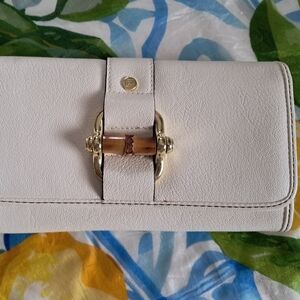 Liz Claiborne Cream Leather Wallet with Gold-Tone Bamboo Accent